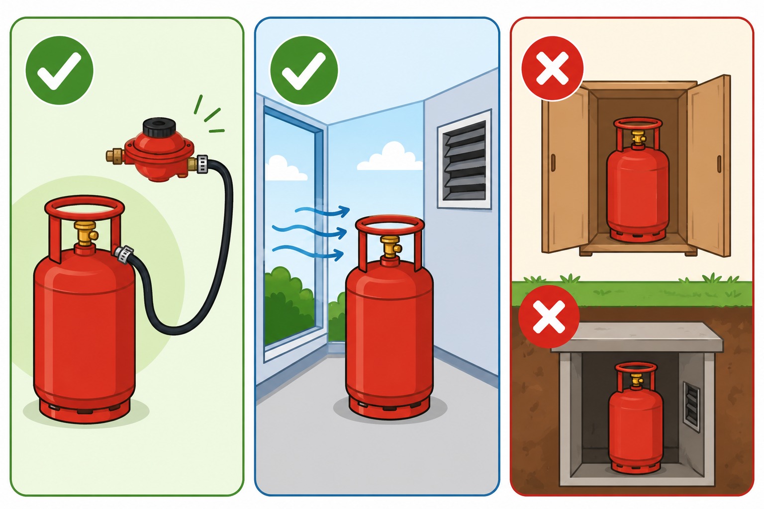 LPG cylinder kept upright in a ventilated area with approved regulator and hose