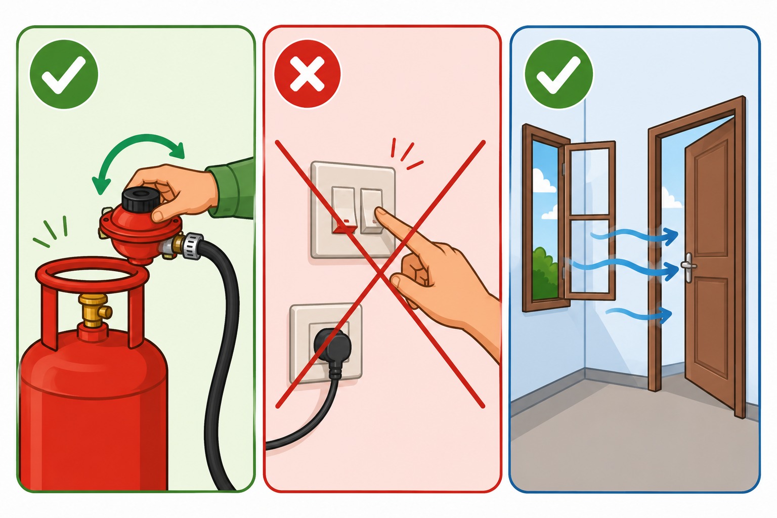 Turning off the regulator, avoiding switches, and opening doors and windows during gas leak
