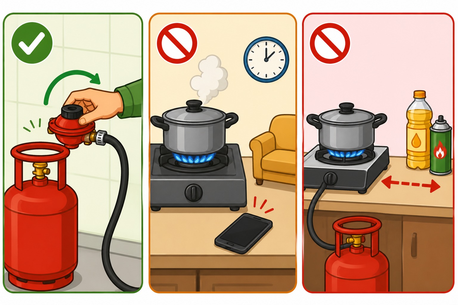 Safe LPG cooking with regulator turned off after use and flammable items kept away