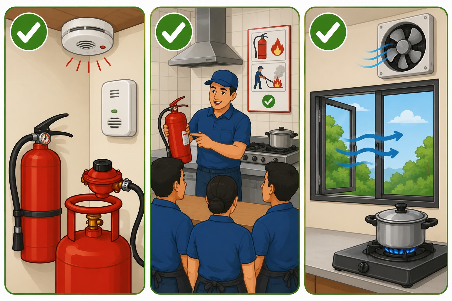 Commercial kitchen with detector, extinguisher, trained staff, and ventilation